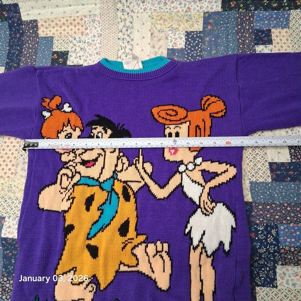 Vintage Flintstones Knit Sweater Teen Size Large 14 Purple Fred Wilma Pebbles